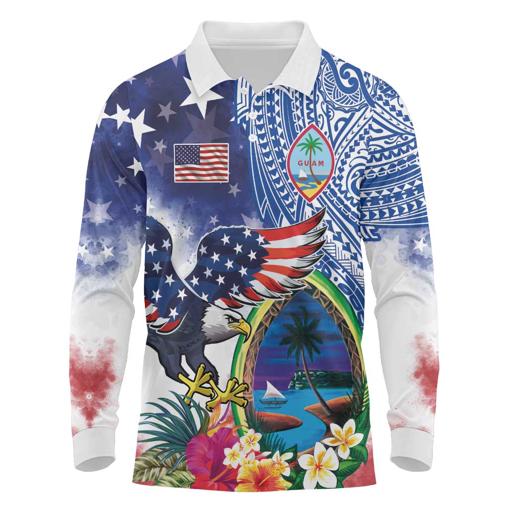 Guam and United States Together Long Sleeve Polo Shirt Bald Eagle and Guam Seal with Flower and Tribal Tattoos - Wonder Print Shop