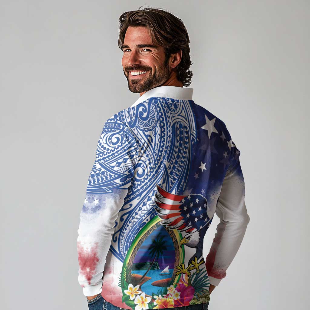 Guam and United States Together Long Sleeve Polo Shirt Bald Eagle and Guam Seal with Flower and Tribal Tattoos - Wonder Print Shop