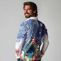 Guam and United States Together Long Sleeve Polo Shirt Bald Eagle and Guam Seal with Flower and Tribal Tattoos - Wonder Print Shop