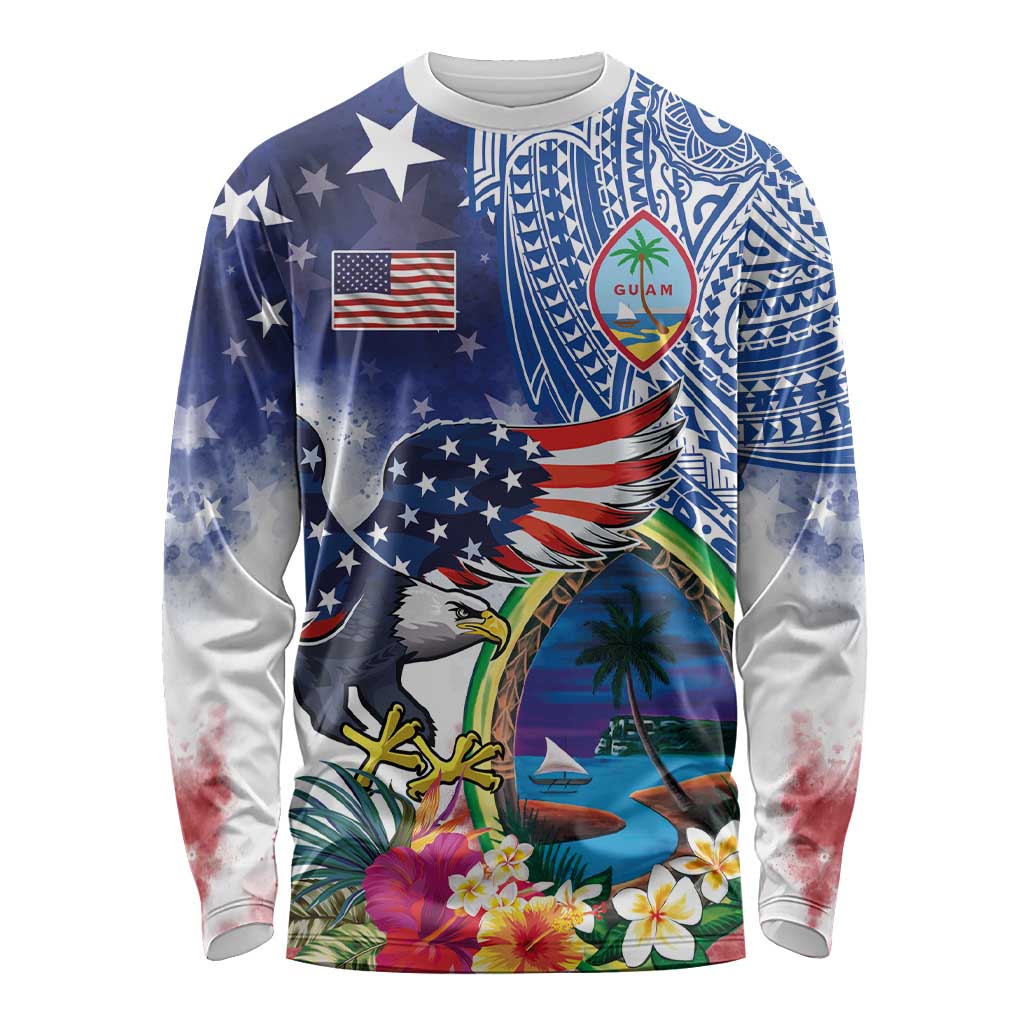Guam and United States Together Long Sleeve Shirt Bald Eagle and Guam Seal with Flower and Tribal Tattoos - Wonder Print Shop