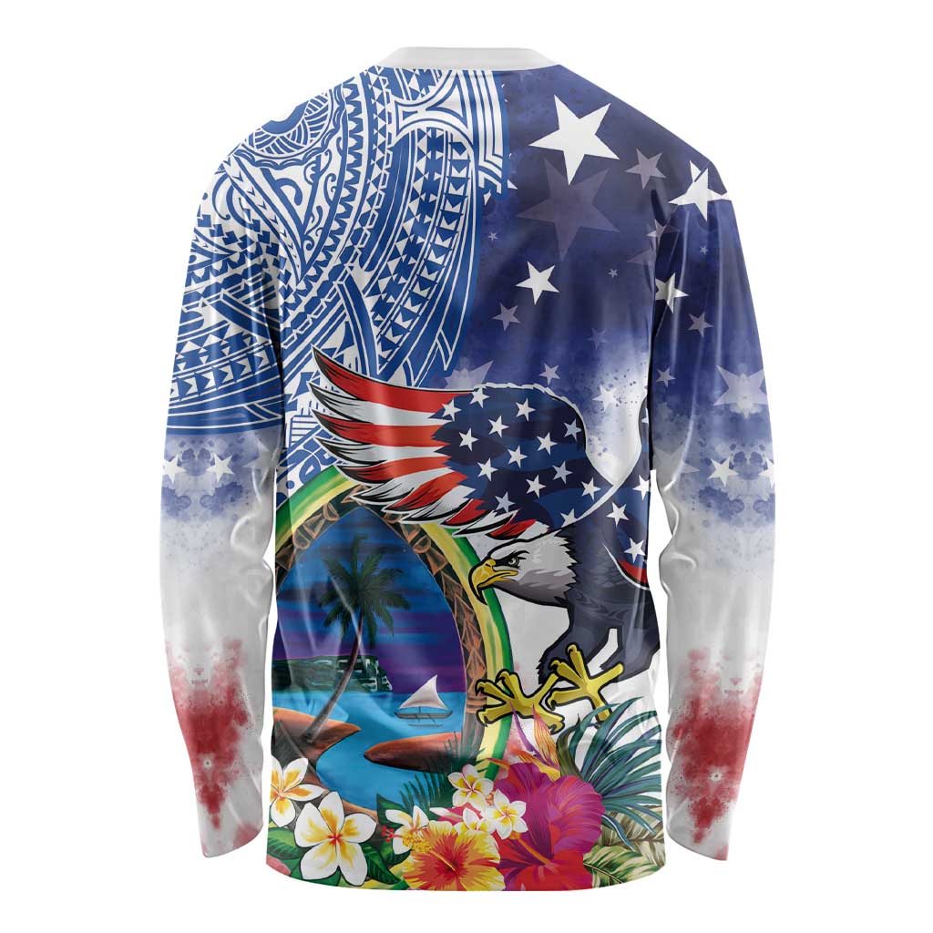Guam and United States Together Long Sleeve Shirt Bald Eagle and Guam Seal with Flower and Tribal Tattoos - Wonder Print Shop