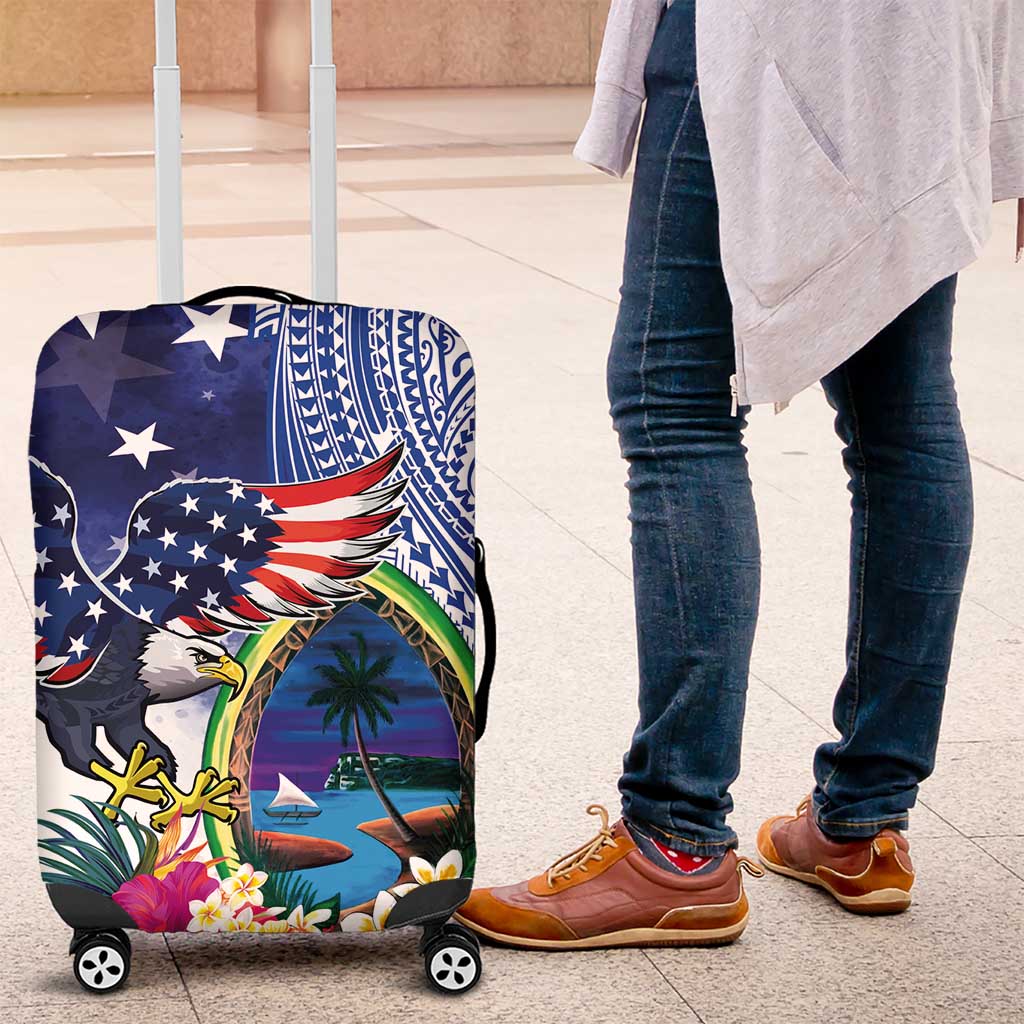Guam and United States Together Luggage Cover Bald Eagle and Guam Seal with Flower and Tribal Tattoos - Wonder Print Shop