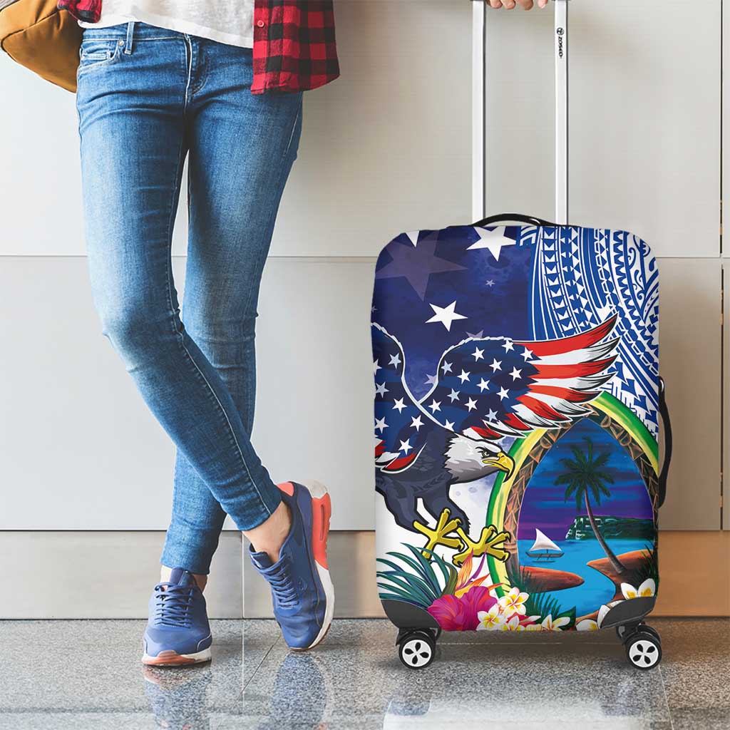 Guam and United States Together Luggage Cover Bald Eagle and Guam Seal with Flower and Tribal Tattoos - Wonder Print Shop