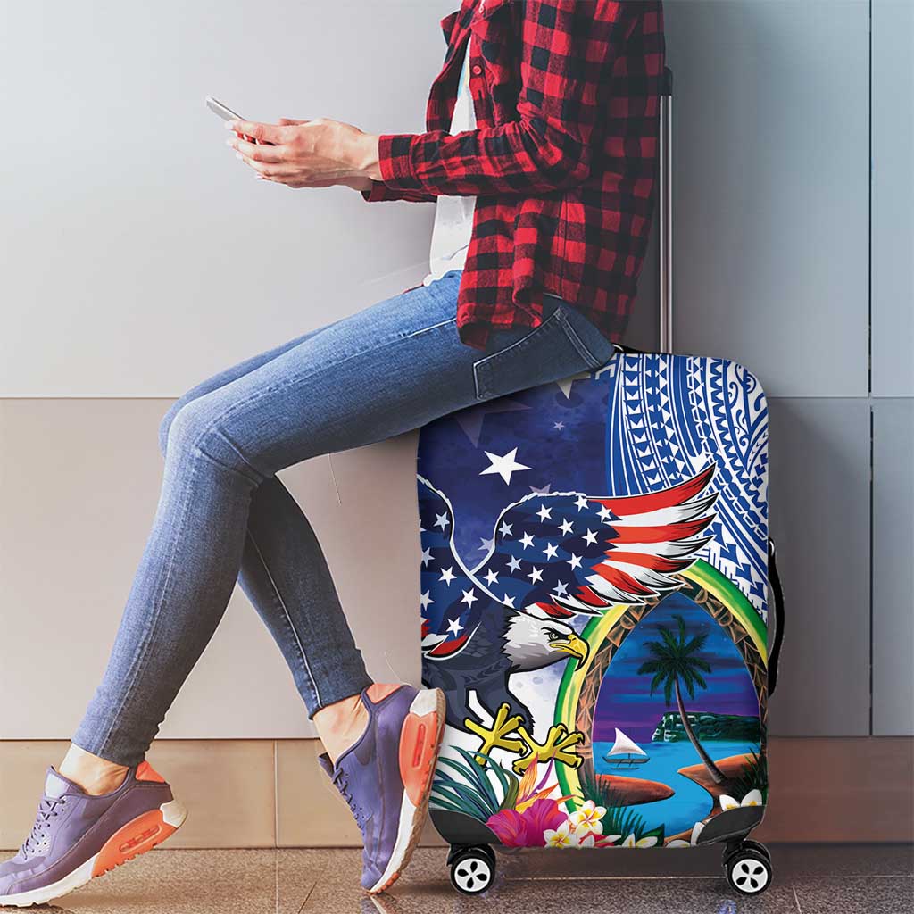 Guam and United States Together Luggage Cover Bald Eagle and Guam Seal with Flower and Tribal Tattoos - Wonder Print Shop