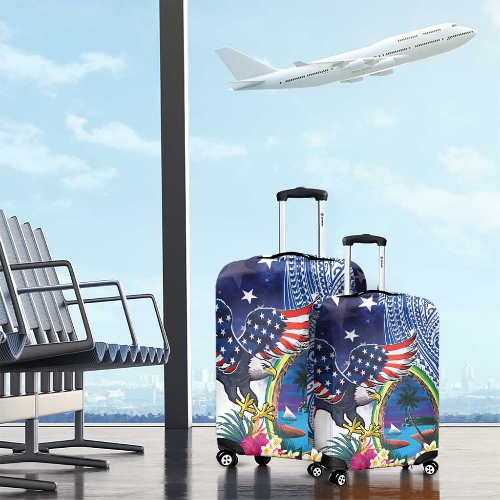 Guam and United States Together Luggage Cover Bald Eagle and Guam Seal with Flower and Tribal Tattoos - Wonder Print Shop