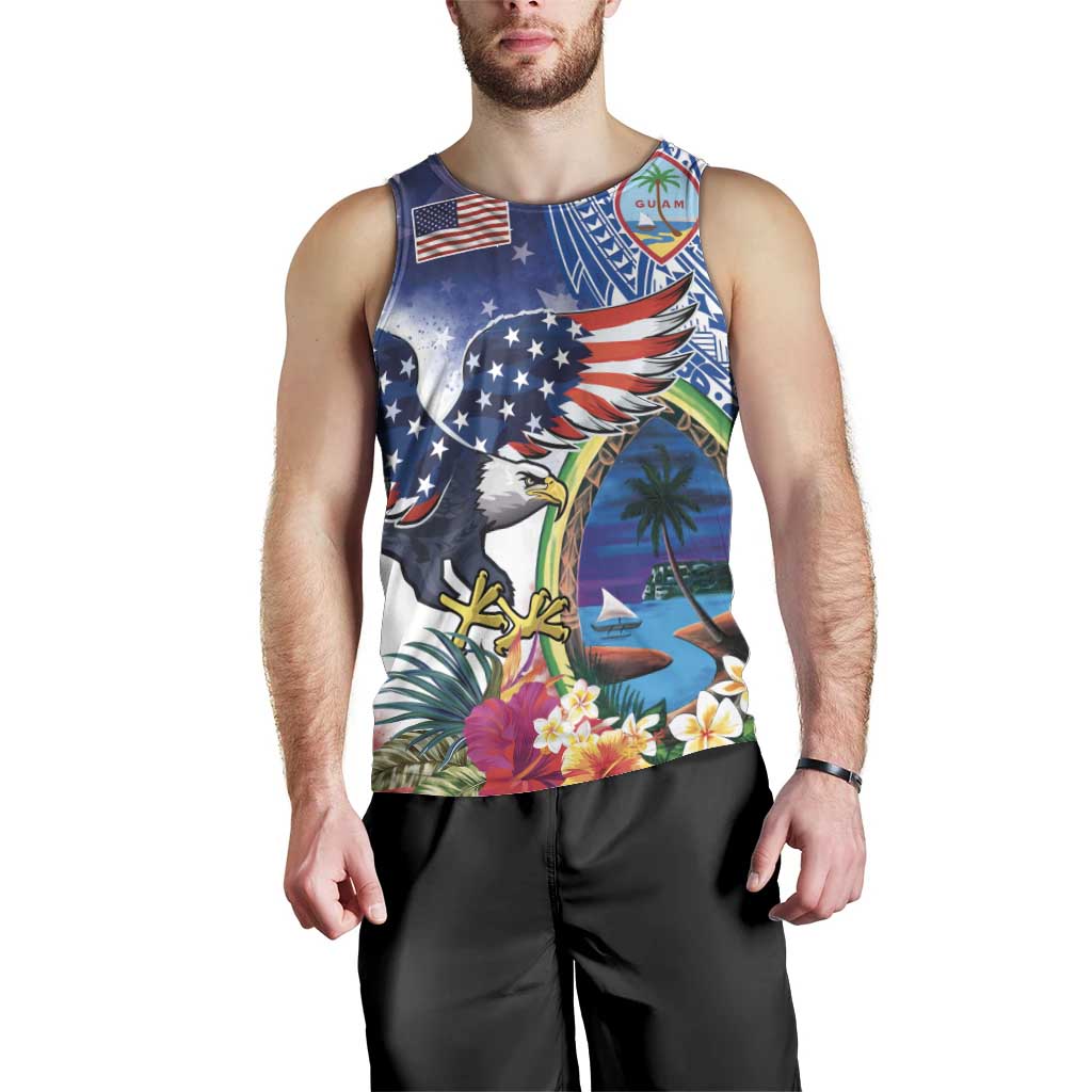 Guam and United States Together Men Tank Top Bald Eagle and Guam Seal with Flower and Tribal Tattoos - Wonder Print Shop