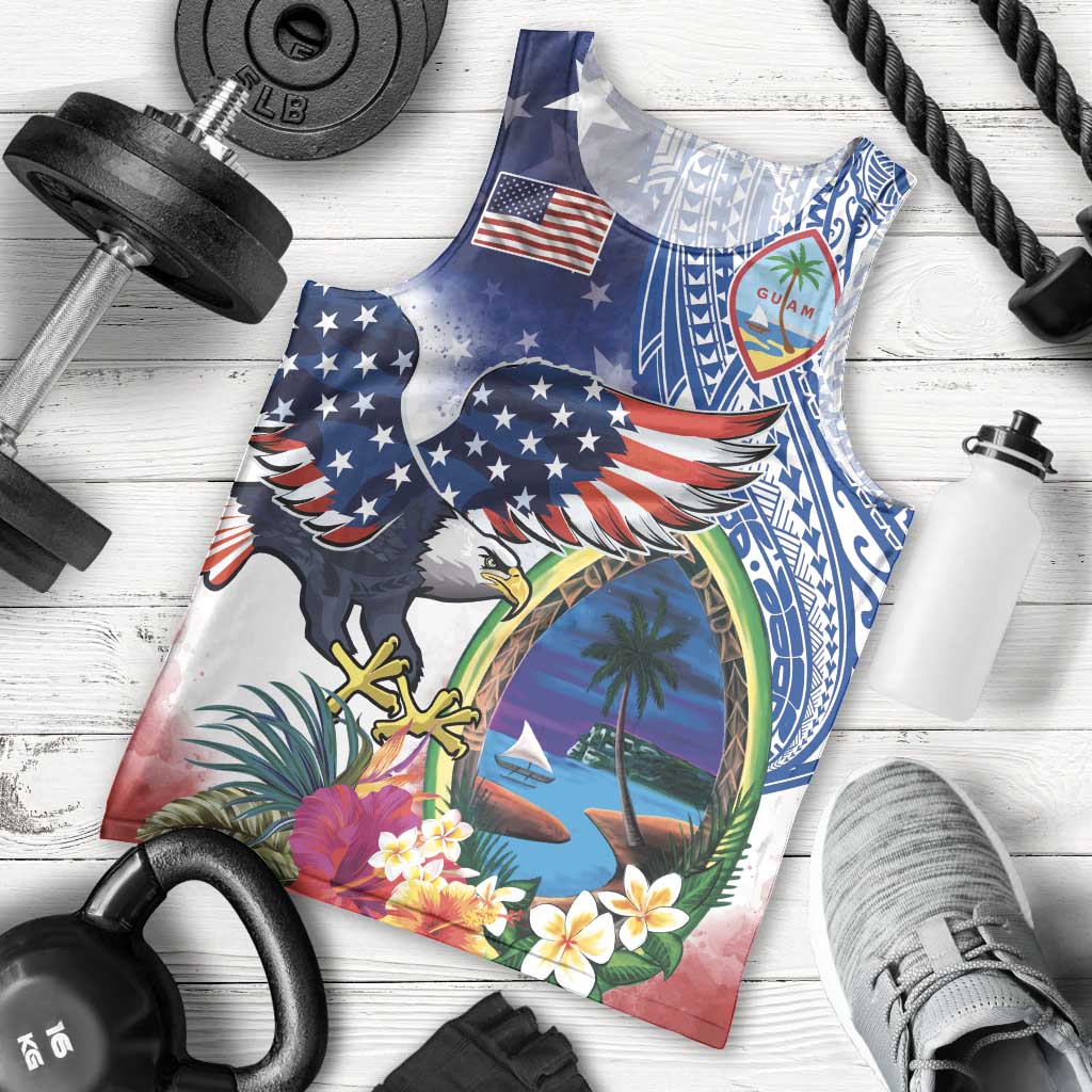 Guam and United States Together Men Tank Top Bald Eagle and Guam Seal with Flower and Tribal Tattoos - Wonder Print Shop
