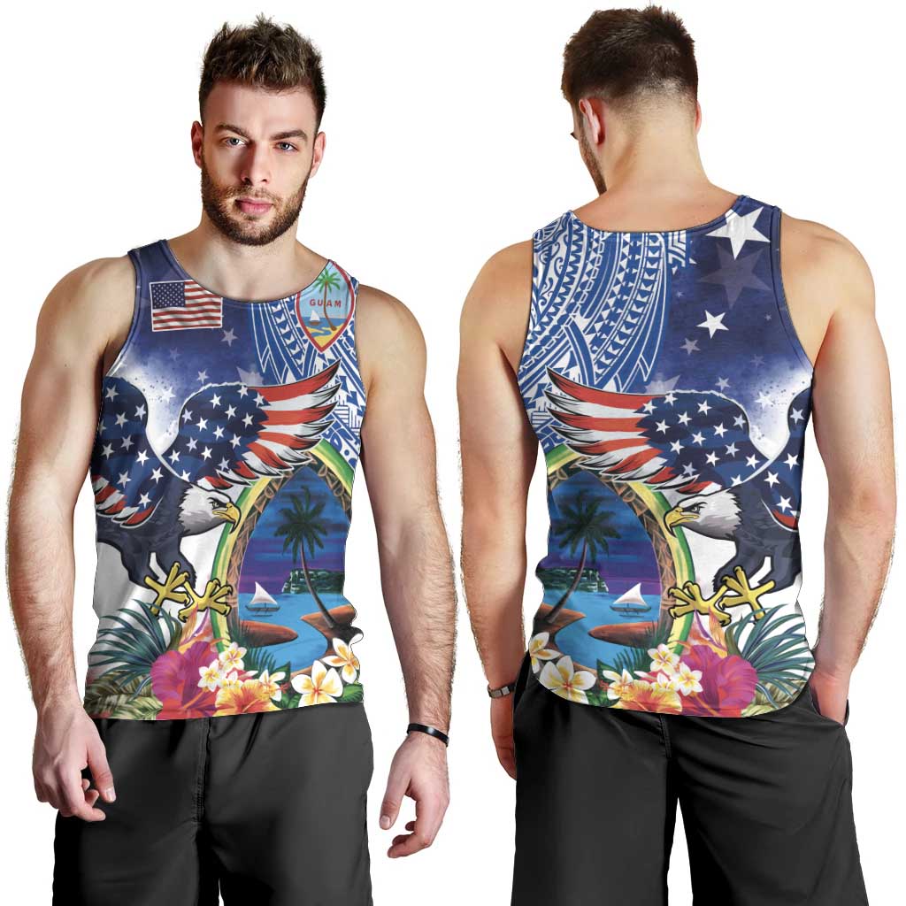 Guam and United States Together Men Tank Top Bald Eagle and Guam Seal with Flower and Tribal Tattoos - Wonder Print Shop