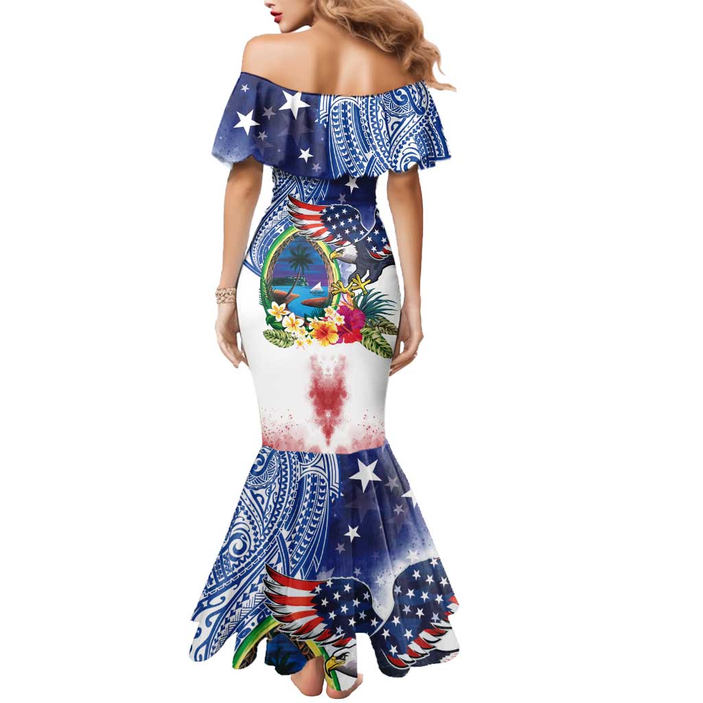 Guam and United States Together Mermaid Dress Bald Eagle and Guam Seal with Flower and Tribal Tattoos - Wonder Print Shop