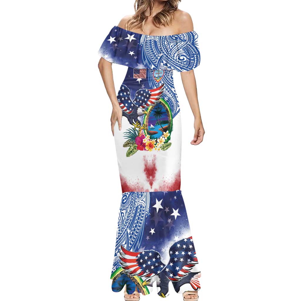 Guam and United States Together Mermaid Dress Bald Eagle and Guam Seal with Flower and Tribal Tattoos - Wonder Print Shop