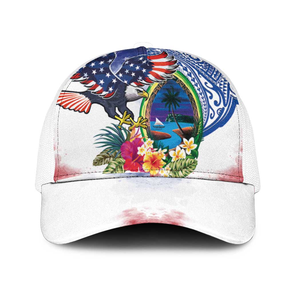 Guam and United States Together Mesh Trucker Cap Bald Eagle and Guam Seal with Flower and Tribal Tattoos - Wonder Print Shop