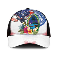 Guam and United States Together Mesh Trucker Cap Bald Eagle and Guam Seal with Flower and Tribal Tattoos - Wonder Print Shop