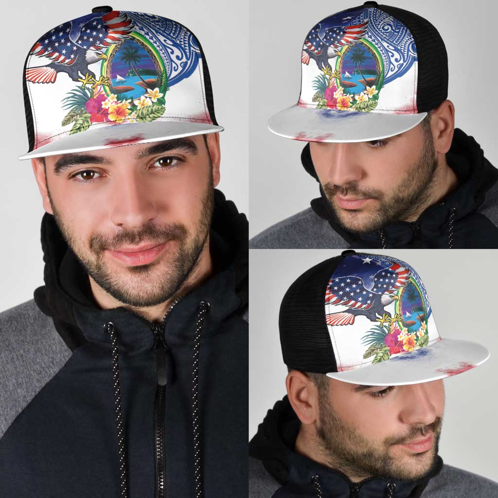 Guam and United States Together Mesh Trucker Cap Bald Eagle and Guam Seal with Flower and Tribal Tattoos - Wonder Print Shop