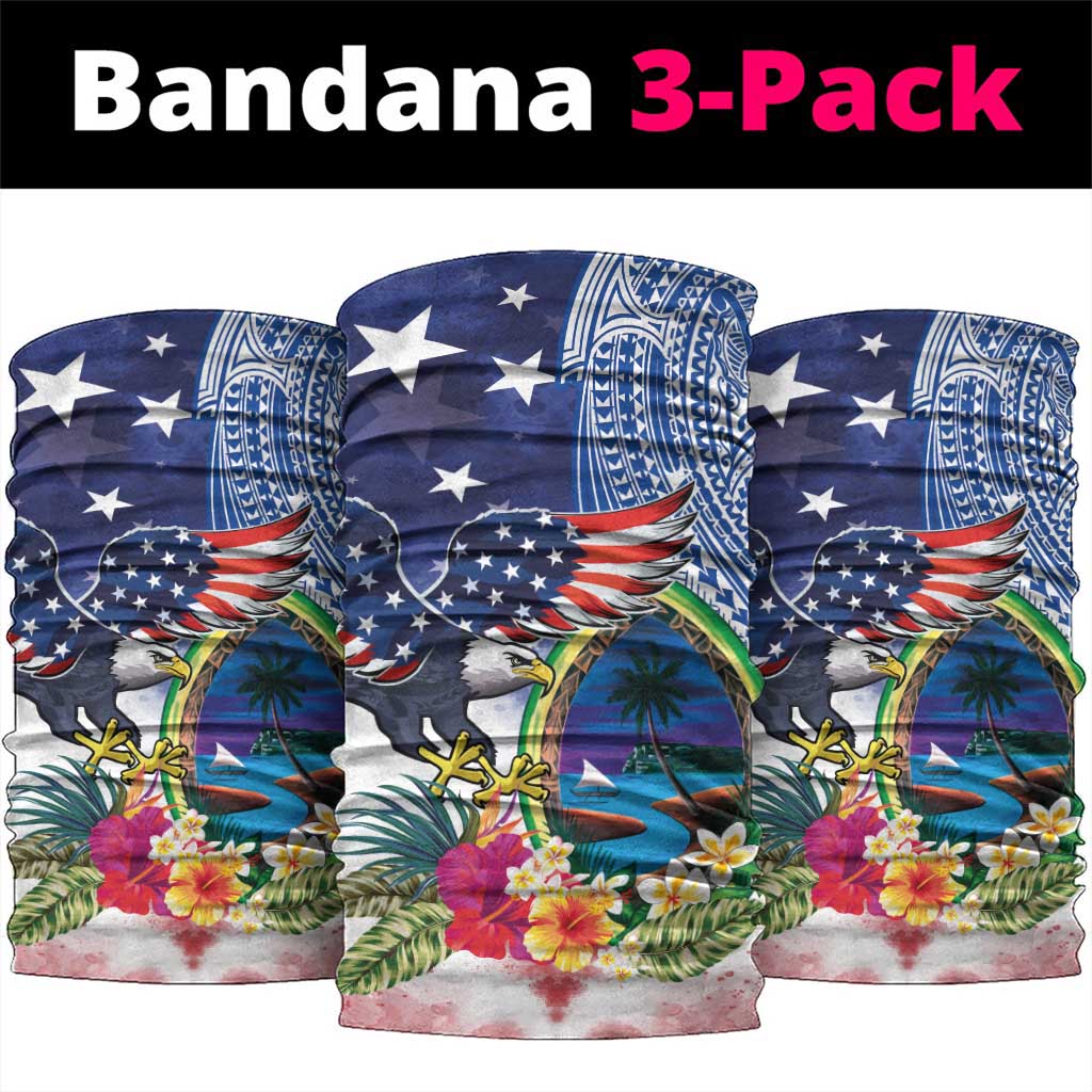 Guam and United States Together Neck Gaiter Bald Eagle and Guam Seal with Flower and Tribal Tattoos - Wonder Print Shop
