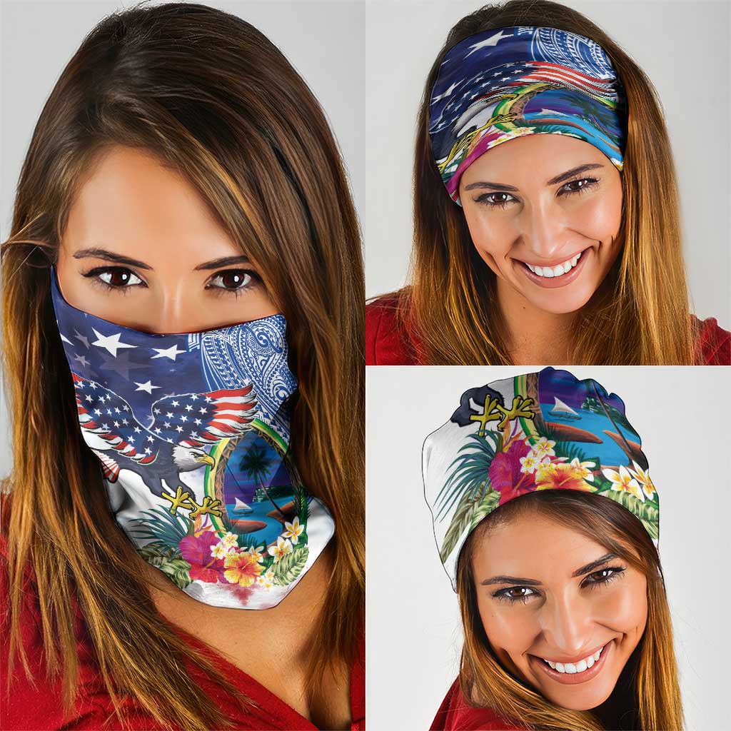 Guam and United States Together Neck Gaiter Bald Eagle and Guam Seal with Flower and Tribal Tattoos - Wonder Print Shop