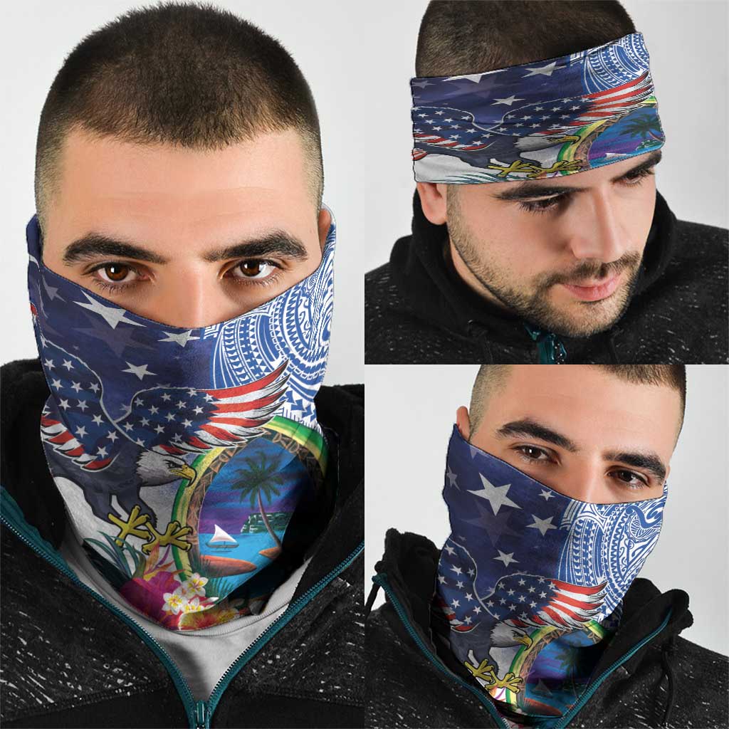 Guam and United States Together Neck Gaiter Bald Eagle and Guam Seal with Flower and Tribal Tattoos - Wonder Print Shop