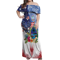 Guam and United States Together Off Shoulder Maxi Dress Bald Eagle and Guam Seal with Flower and Tribal Tattoos - Wonder Print Shop