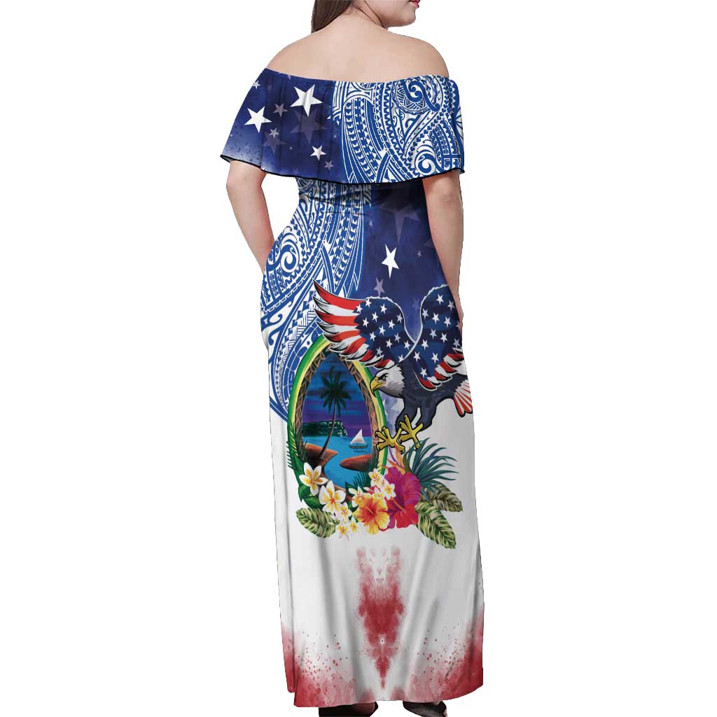 Guam and United States Together Off Shoulder Maxi Dress Bald Eagle and Guam Seal with Flower and Tribal Tattoos - Wonder Print Shop