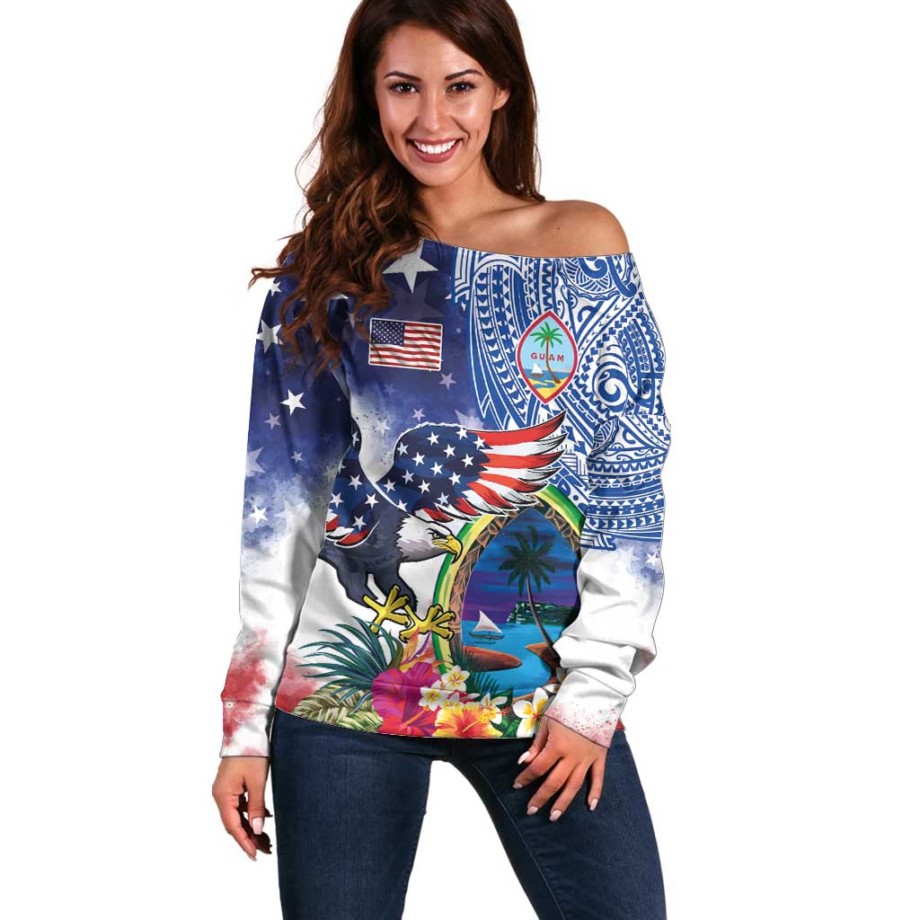 Guam and United States Together Off Shoulder Sweater Bald Eagle and Guam Seal with Flower and Tribal Tattoos - Wonder Print Shop
