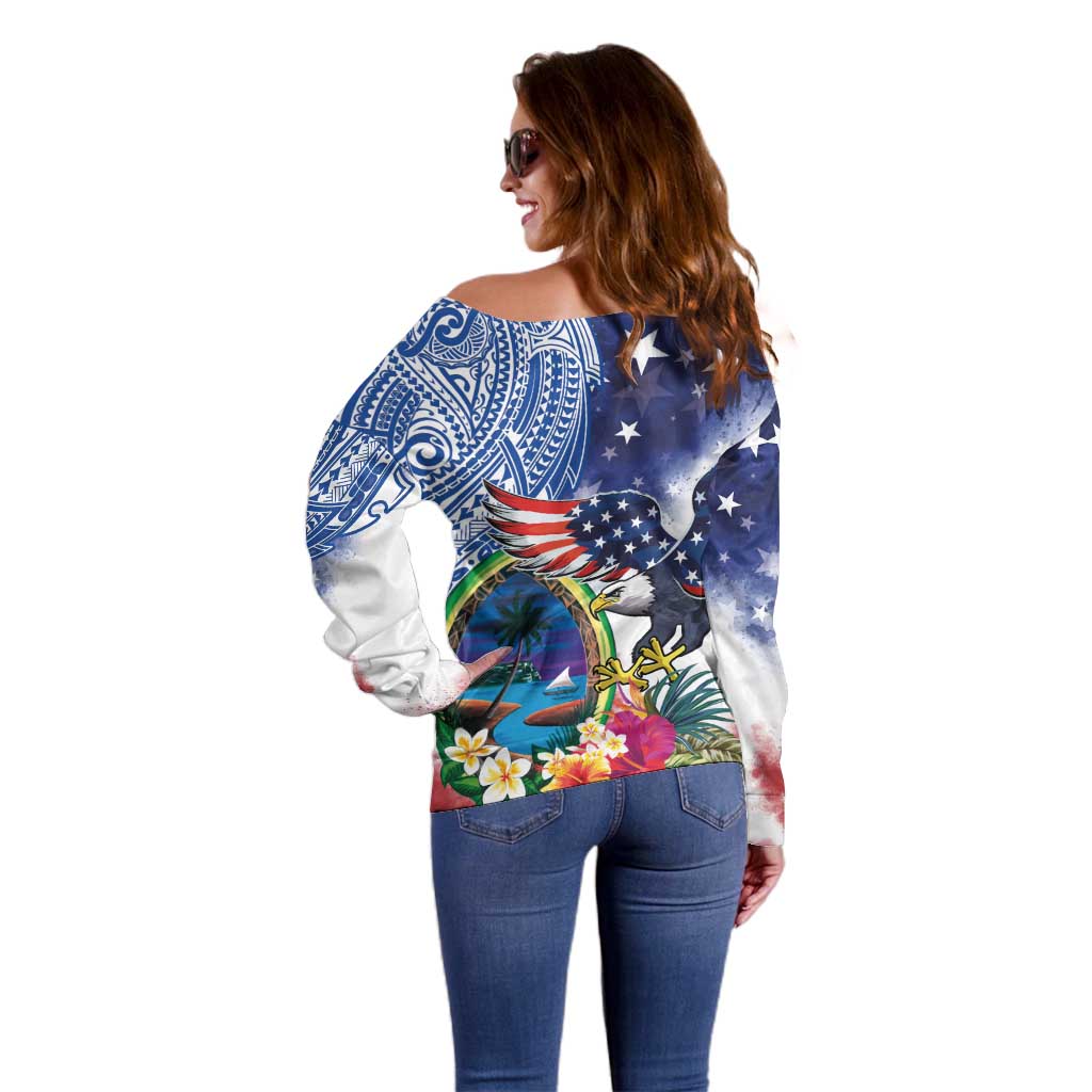 Guam and United States Together Off Shoulder Sweater Bald Eagle and Guam Seal with Flower and Tribal Tattoos - Wonder Print Shop