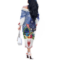 Guam and United States Together Off The Shoulder Long Sleeve Dress Bald Eagle and Guam Seal with Flower and Tribal Tattoos - Wonder Print Shop