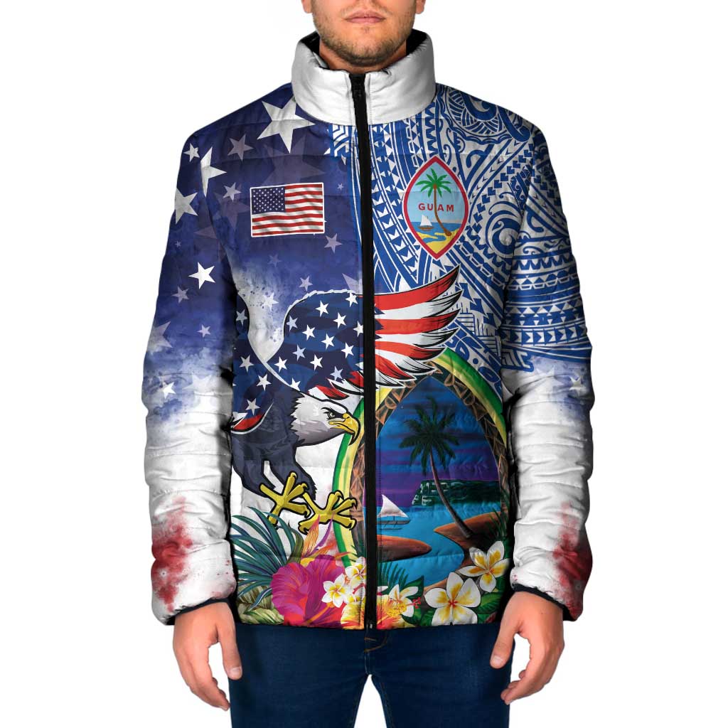 Guam and United States Together Padded Jacket Bald Eagle and Guam Seal with Flower and Tribal Tattoos - Wonder Print Shop