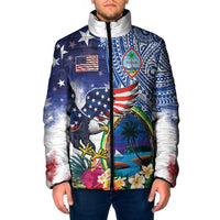 Guam and United States Together Padded Jacket Bald Eagle and Guam Seal with Flower and Tribal Tattoos - Wonder Print Shop