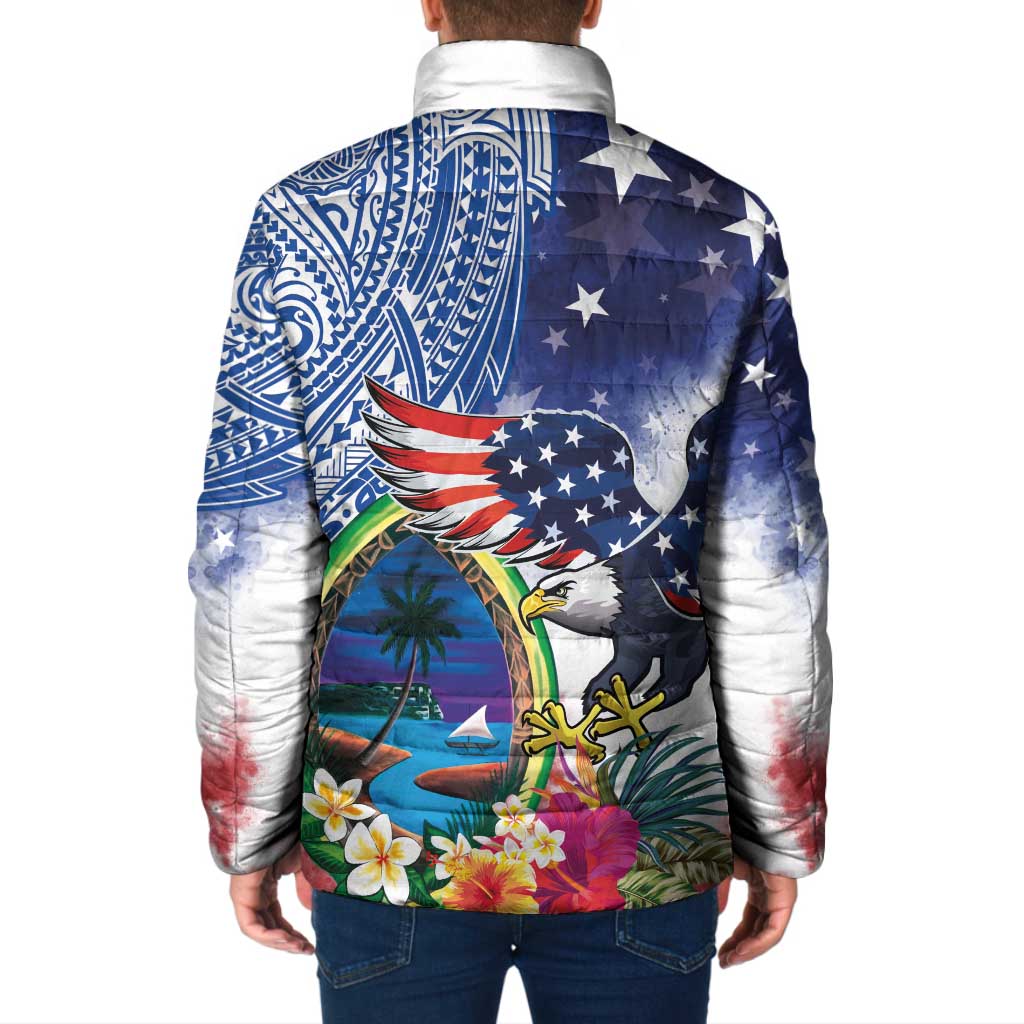 Guam and United States Together Padded Jacket Bald Eagle and Guam Seal with Flower and Tribal Tattoos - Wonder Print Shop