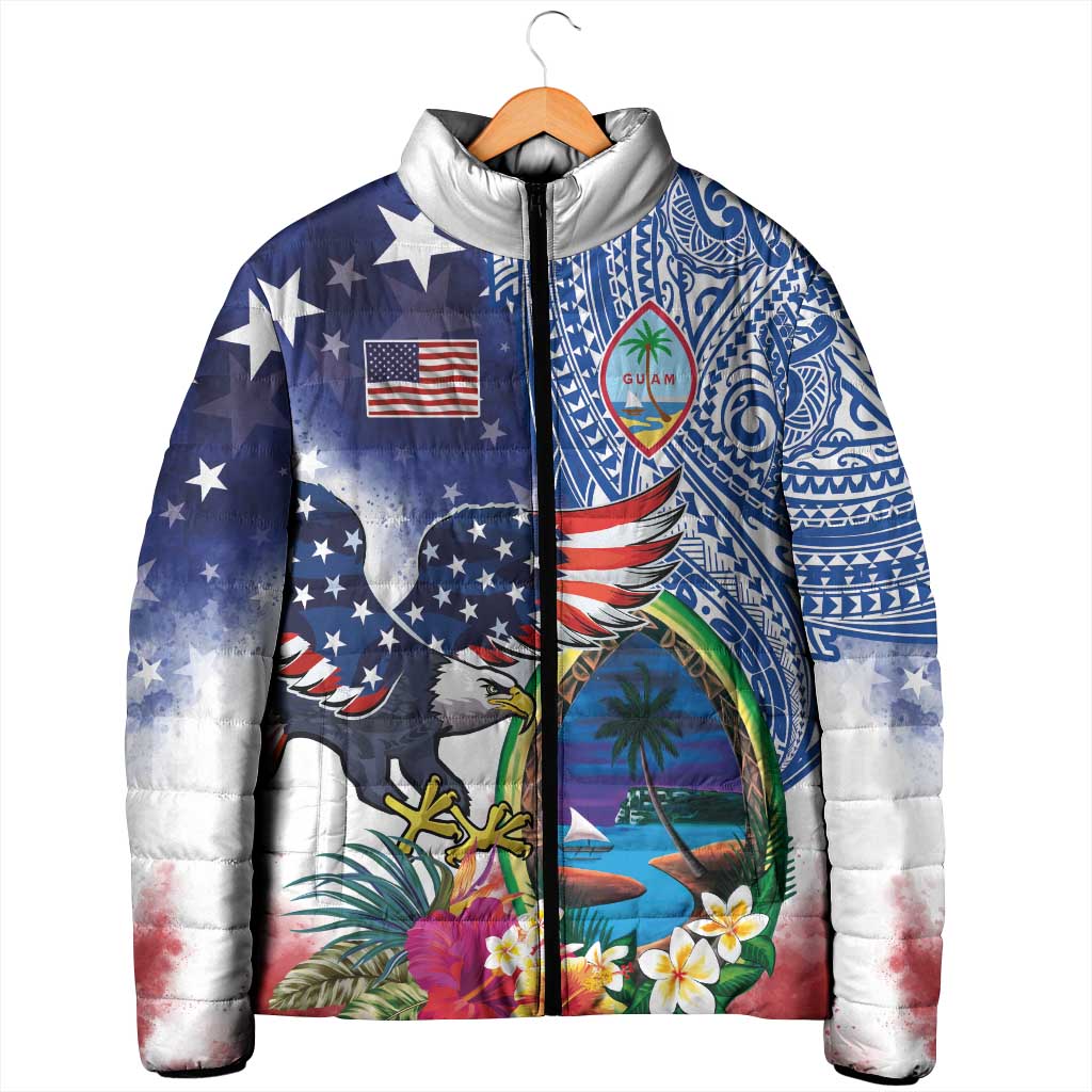 Guam and United States Together Padded Jacket Bald Eagle and Guam Seal with Flower and Tribal Tattoos - Wonder Print Shop