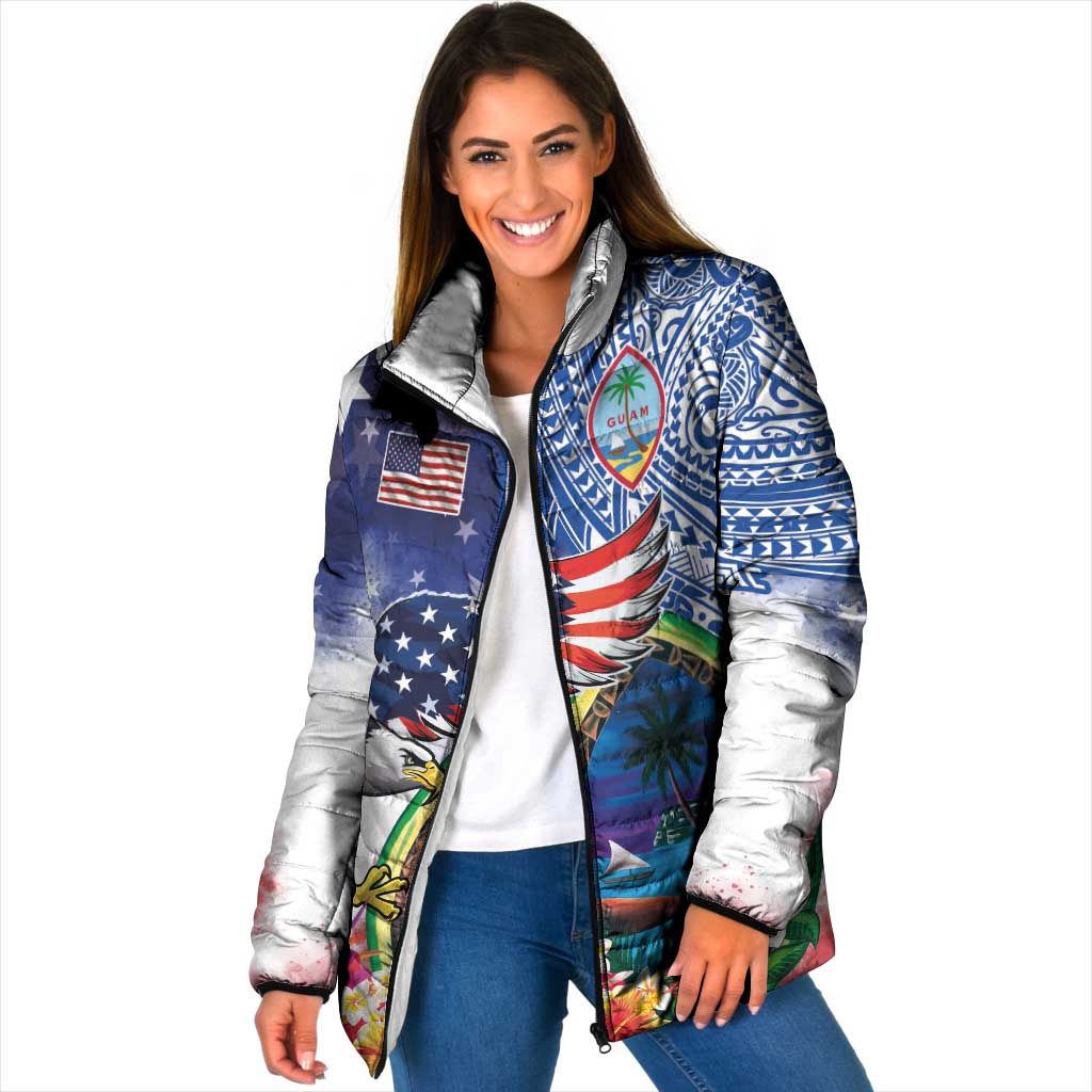 Guam and United States Together Padded Jacket Bald Eagle and Guam Seal with Flower and Tribal Tattoos - Wonder Print Shop