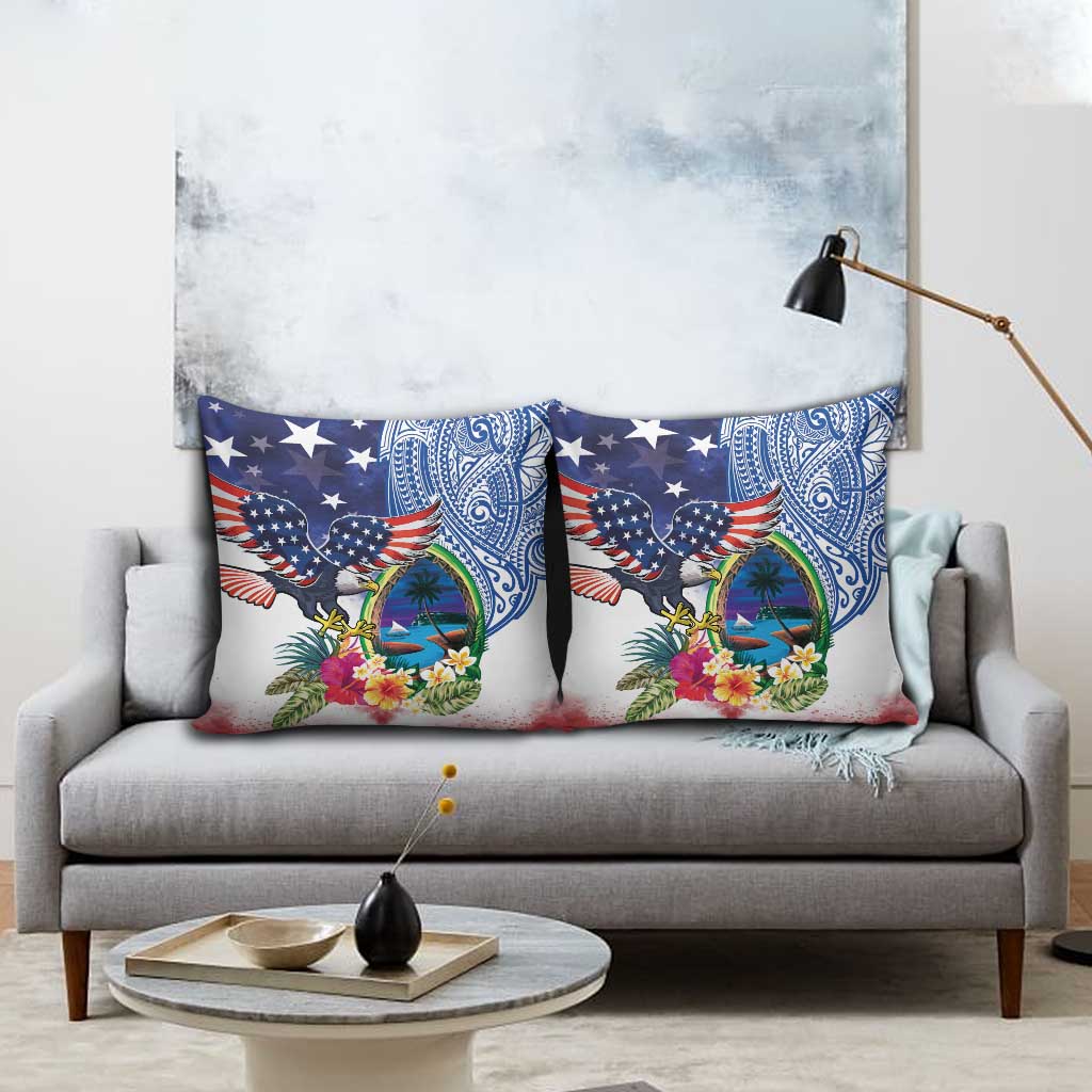 Guam and United States Together Pillow Cover Bald Eagle and Guam Seal with Flower and Tribal Tattoos - Wonder Print Shop