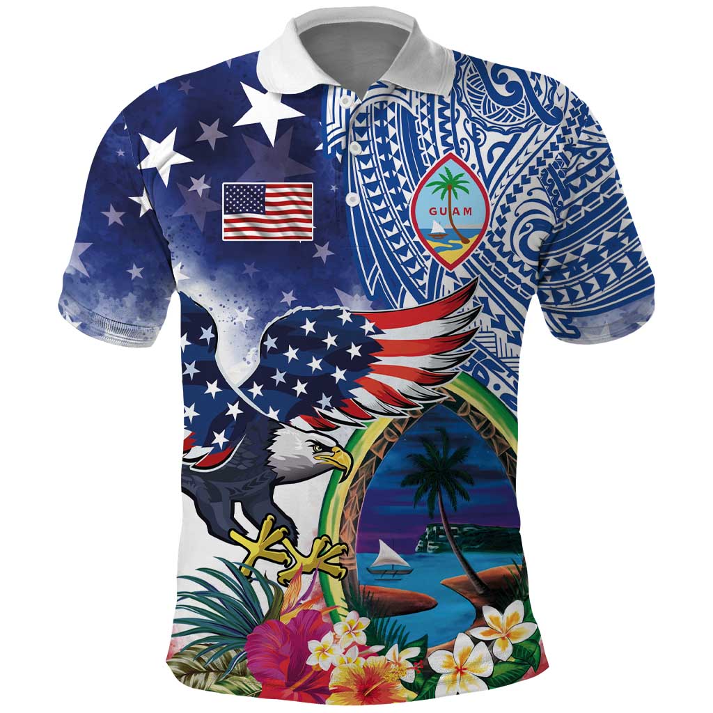 Guam and United States Together Polo Shirt Bald Eagle and Guam Seal with Flower and Tribal Tattoos - Wonder Print Shop