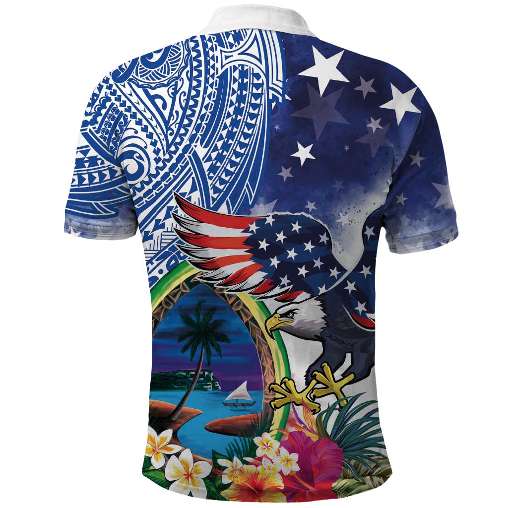 Guam and United States Together Polo Shirt Bald Eagle and Guam Seal with Flower and Tribal Tattoos - Wonder Print Shop