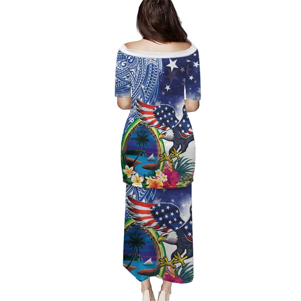 Guam and United States Together Puletasi Bald Eagle and Guam Seal with Flower and Tribal Tattoos - Wonder Print Shop