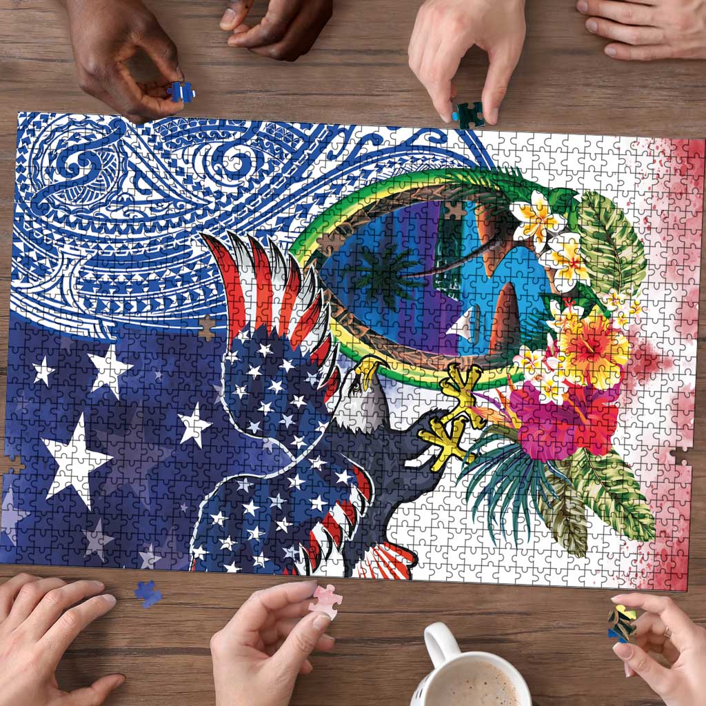 Guam and United States Together Puzzle Bald Eagle and Guam Seal with Flower and Tribal Tattoos - Wonder Print Shop