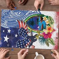 Guam and United States Together Puzzle Bald Eagle and Guam Seal with Flower and Tribal Tattoos - Wonder Print Shop