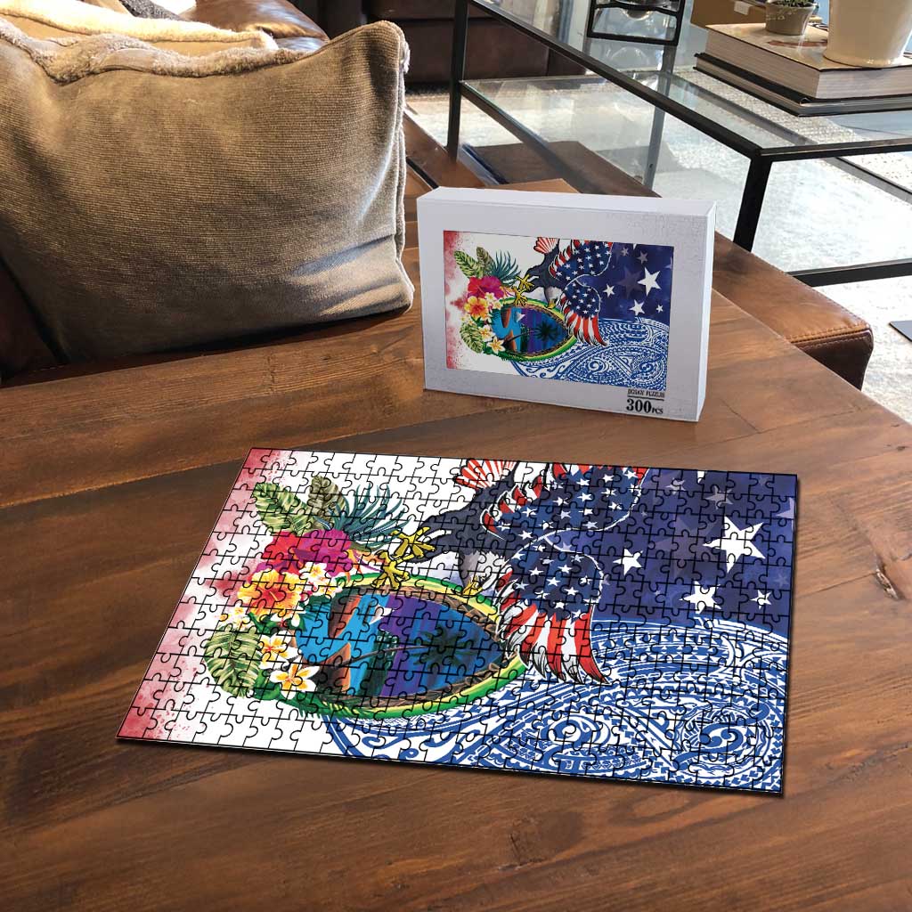 Guam and United States Together Puzzle Bald Eagle and Guam Seal with Flower and Tribal Tattoos - Wonder Print Shop
