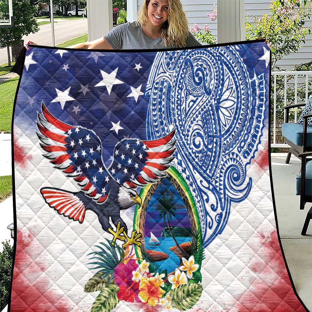 Guam and United States Together Quilt Bald Eagle and Guam Seal with Flower and Tribal Tattoos - Wonder Print Shop