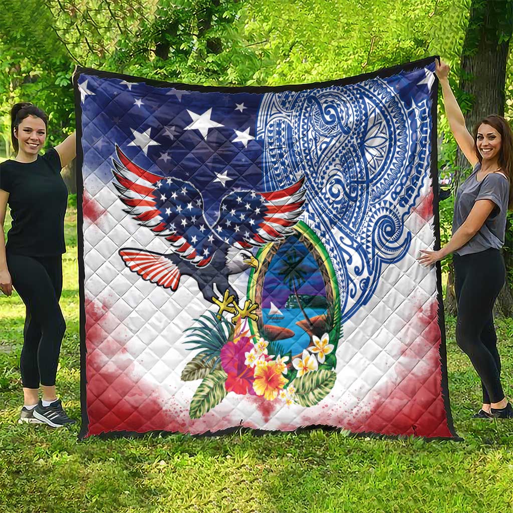 Guam and United States Together Quilt Bald Eagle and Guam Seal with Flower and Tribal Tattoos - Wonder Print Shop