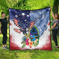 Guam and United States Together Quilt Bald Eagle and Guam Seal with Flower and Tribal Tattoos - Wonder Print Shop