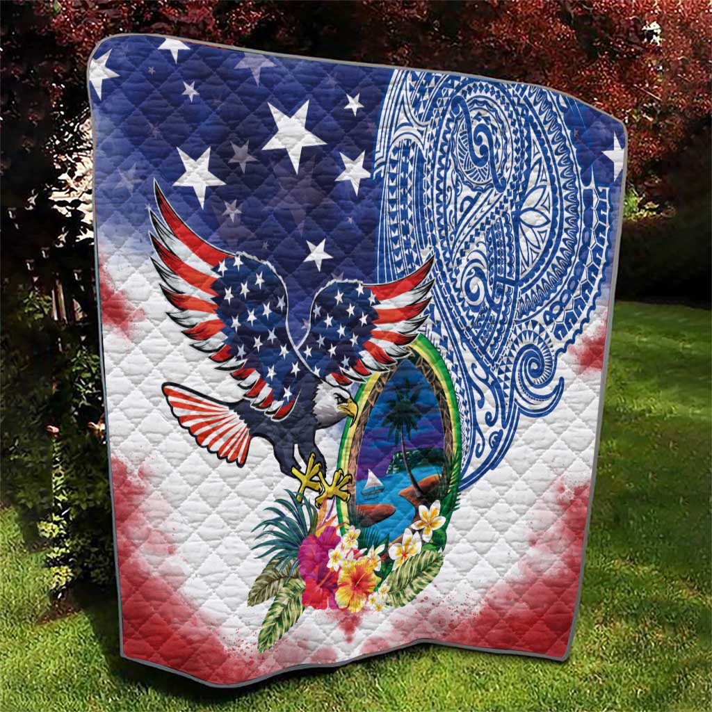 Guam and United States Together Quilt Bald Eagle and Guam Seal with Flower and Tribal Tattoos - Wonder Print Shop