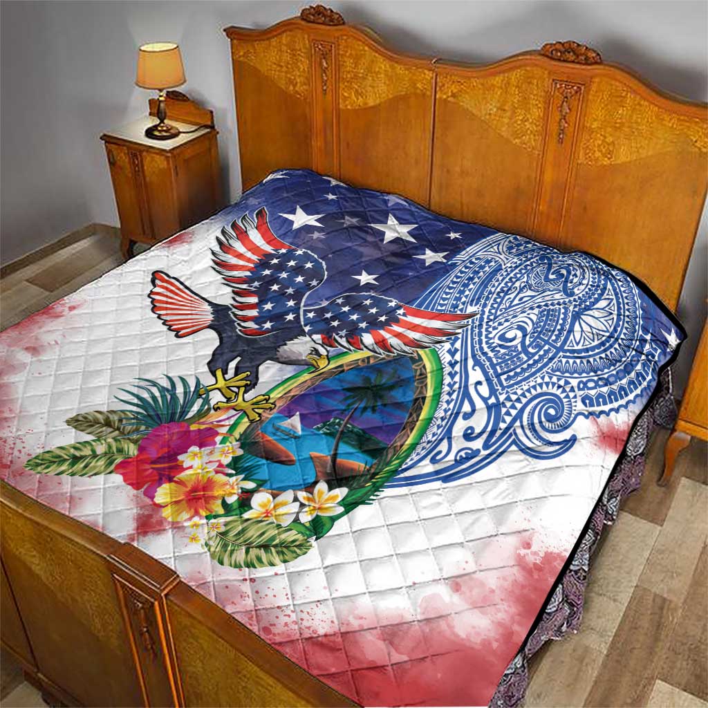 Guam and United States Together Quilt Bald Eagle and Guam Seal with Flower and Tribal Tattoos - Wonder Print Shop