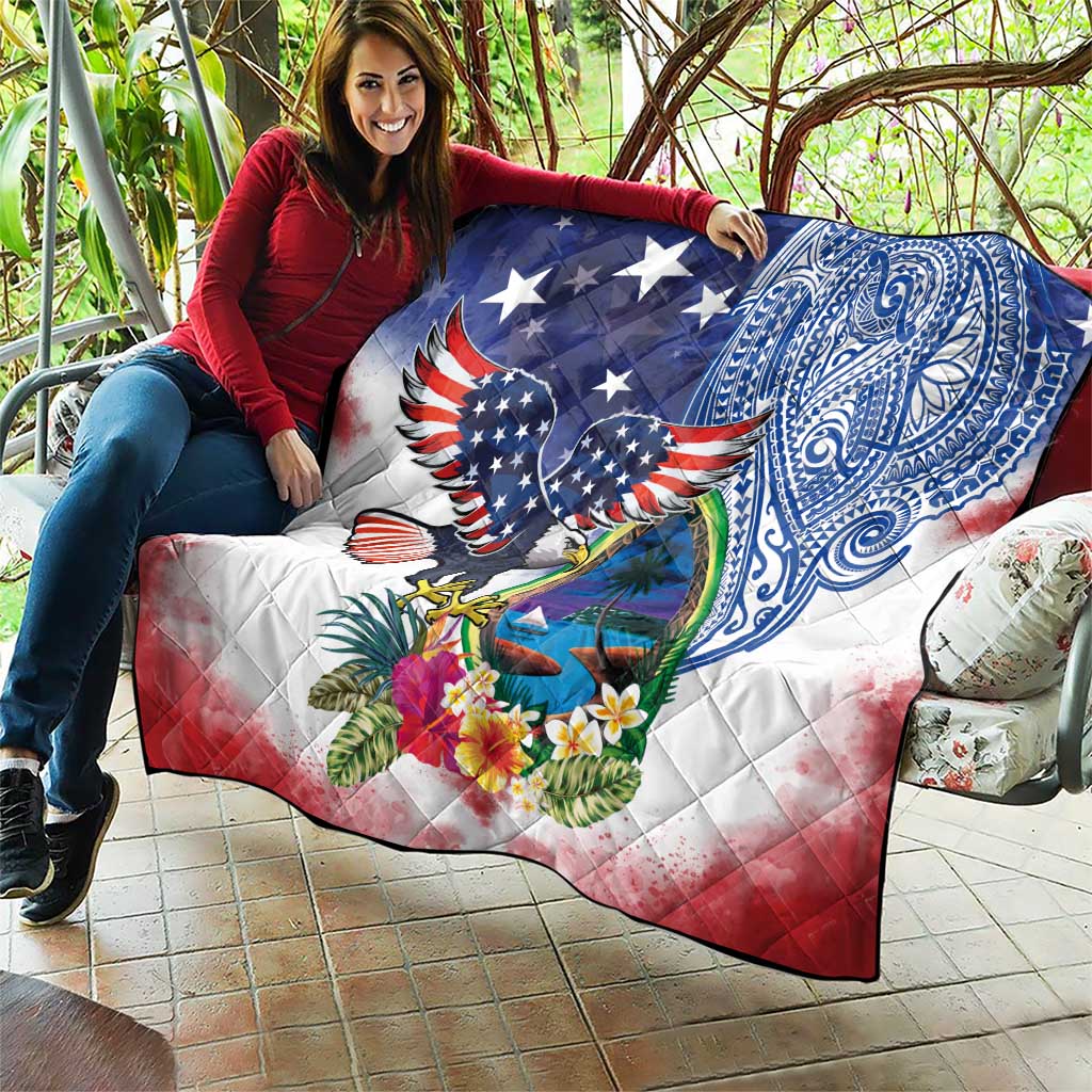 Guam and United States Together Quilt Bald Eagle and Guam Seal with Flower and Tribal Tattoos - Wonder Print Shop