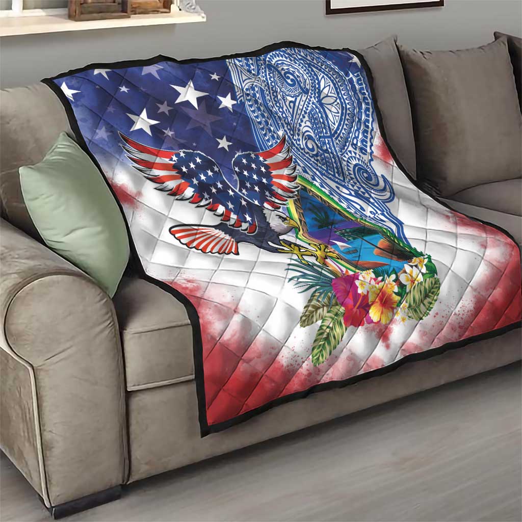Guam and United States Together Quilt Bald Eagle and Guam Seal with Flower and Tribal Tattoos - Wonder Print Shop