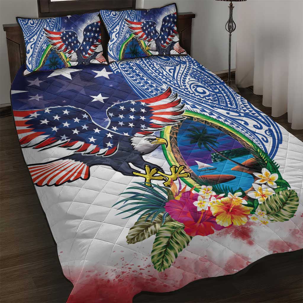 Guam and United States Together Quilt Bed Set Bald Eagle and Guam Seal with Flower and Tribal Tattoos - Wonder Print Shop
