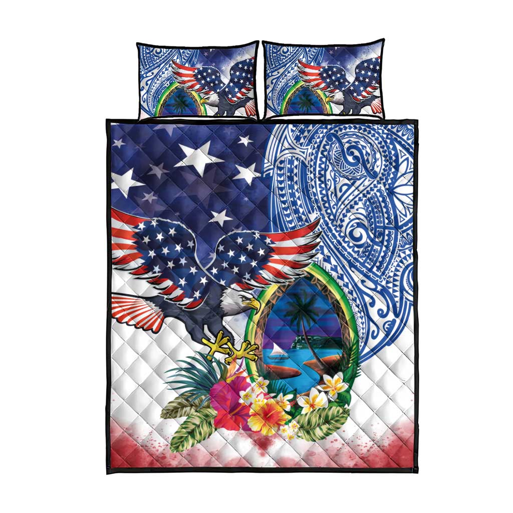 Guam and United States Together Quilt Bed Set Bald Eagle and Guam Seal with Flower and Tribal Tattoos - Wonder Print Shop