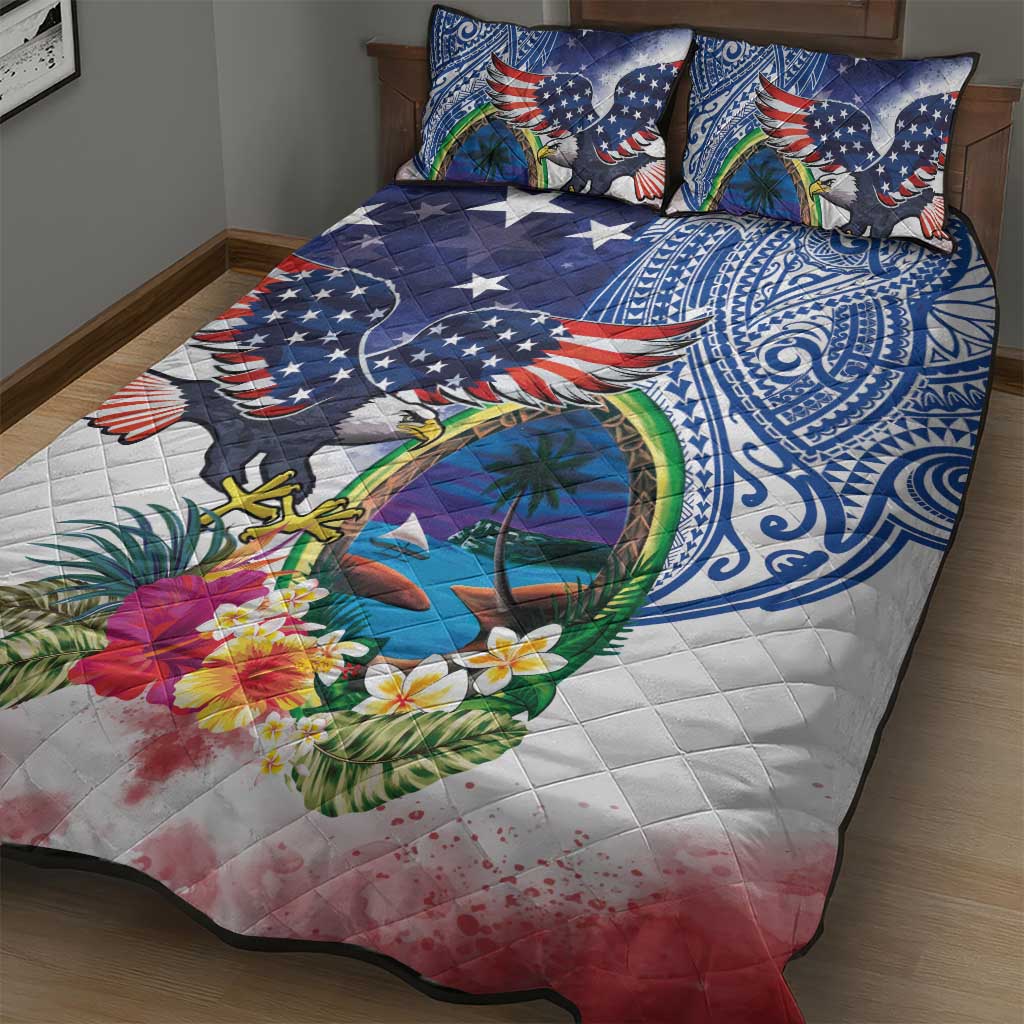 Guam and United States Together Quilt Bed Set Bald Eagle and Guam Seal with Flower and Tribal Tattoos - Wonder Print Shop