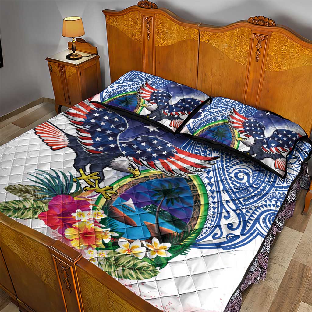 Guam and United States Together Quilt Bed Set Bald Eagle and Guam Seal with Flower and Tribal Tattoos - Wonder Print Shop