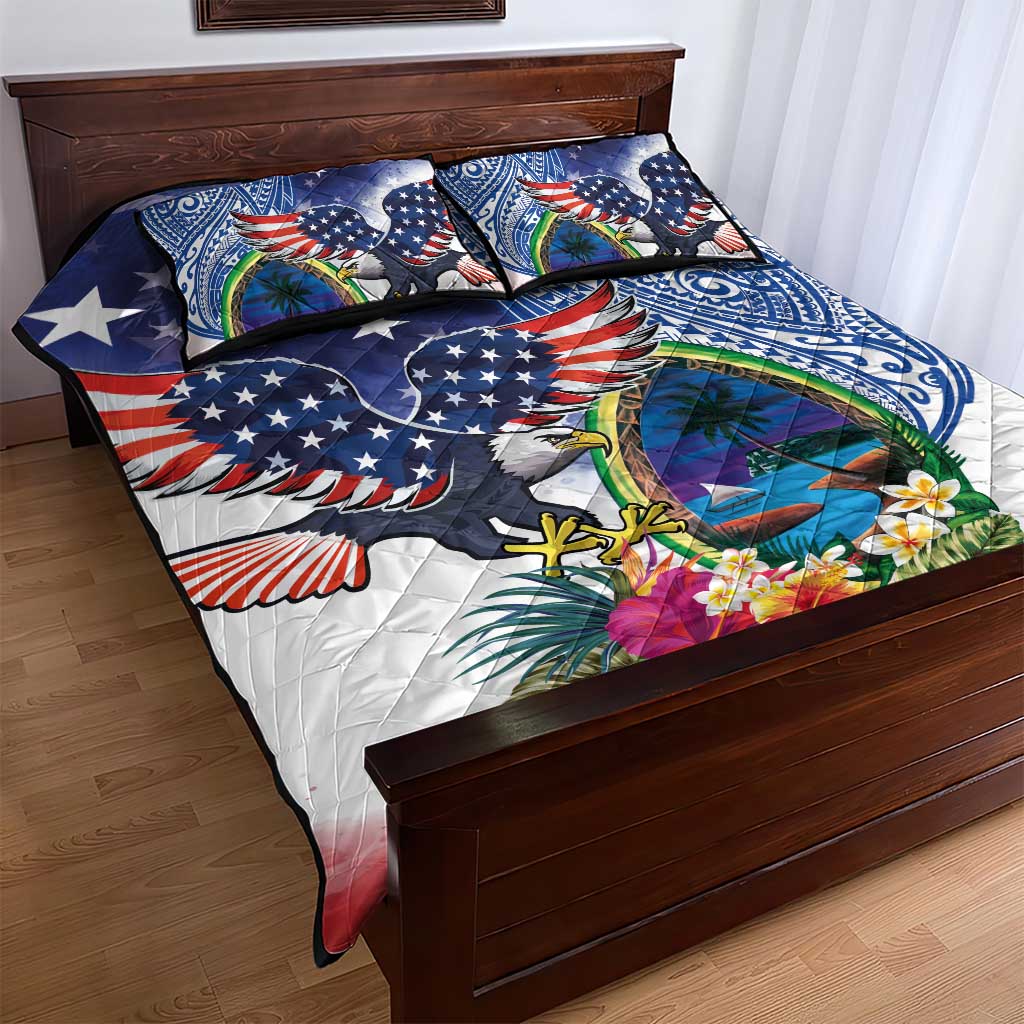 Guam and United States Together Quilt Bed Set Bald Eagle and Guam Seal with Flower and Tribal Tattoos - Wonder Print Shop