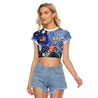 Guam and United States Together Raglan Cropped T Shirt Bald Eagle and Guam Seal with Flower and Tribal Tattoos - Wonder Print Shop